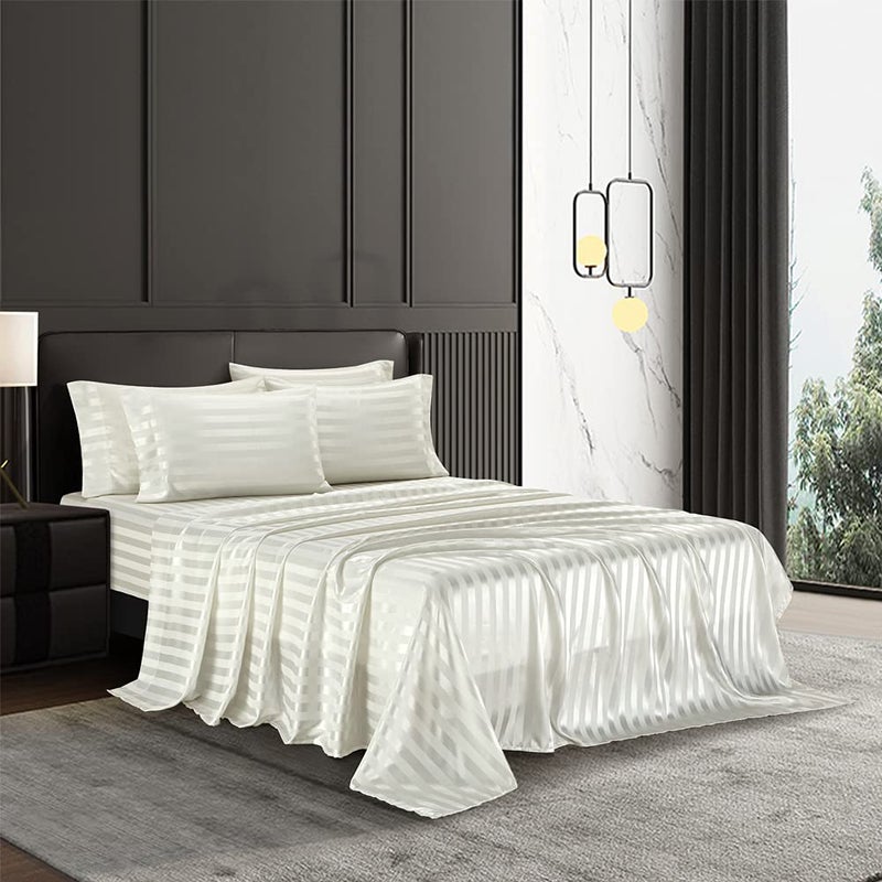 AiMay 6 Piece Satin Italian Style Bed Sheet Set Deep Pocket Striped 1800 Luxury Rich Silk 1 Flat Sheet 1 Fitted Sheet 4 Envelope Pillowcases Stain-Resistant Wrinkle Free (Queen,Off White) - Image 1
